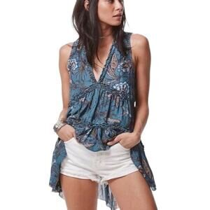 Free People Turquoise & Purple Haze Sleeveless V-Neck Tiered Tunic Top Size XS